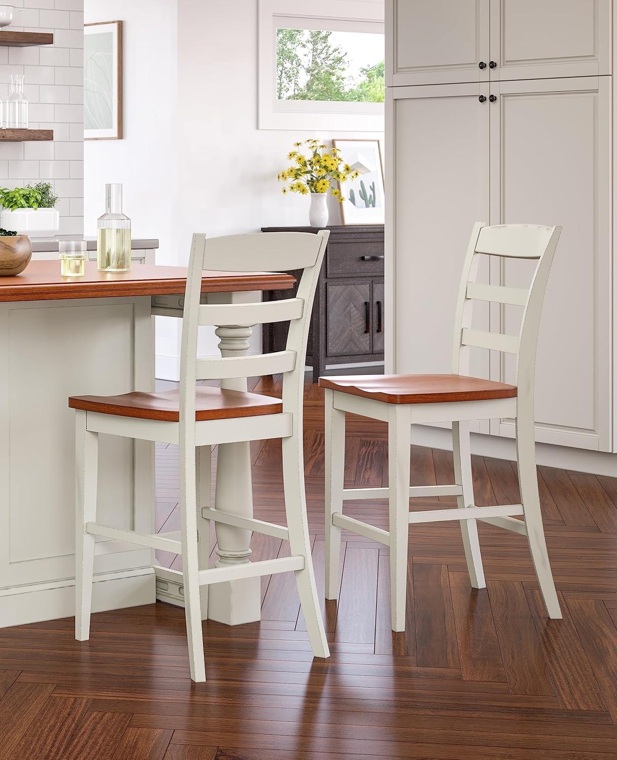 Antique White and Oak Wood Counter Stool with Slatted Back