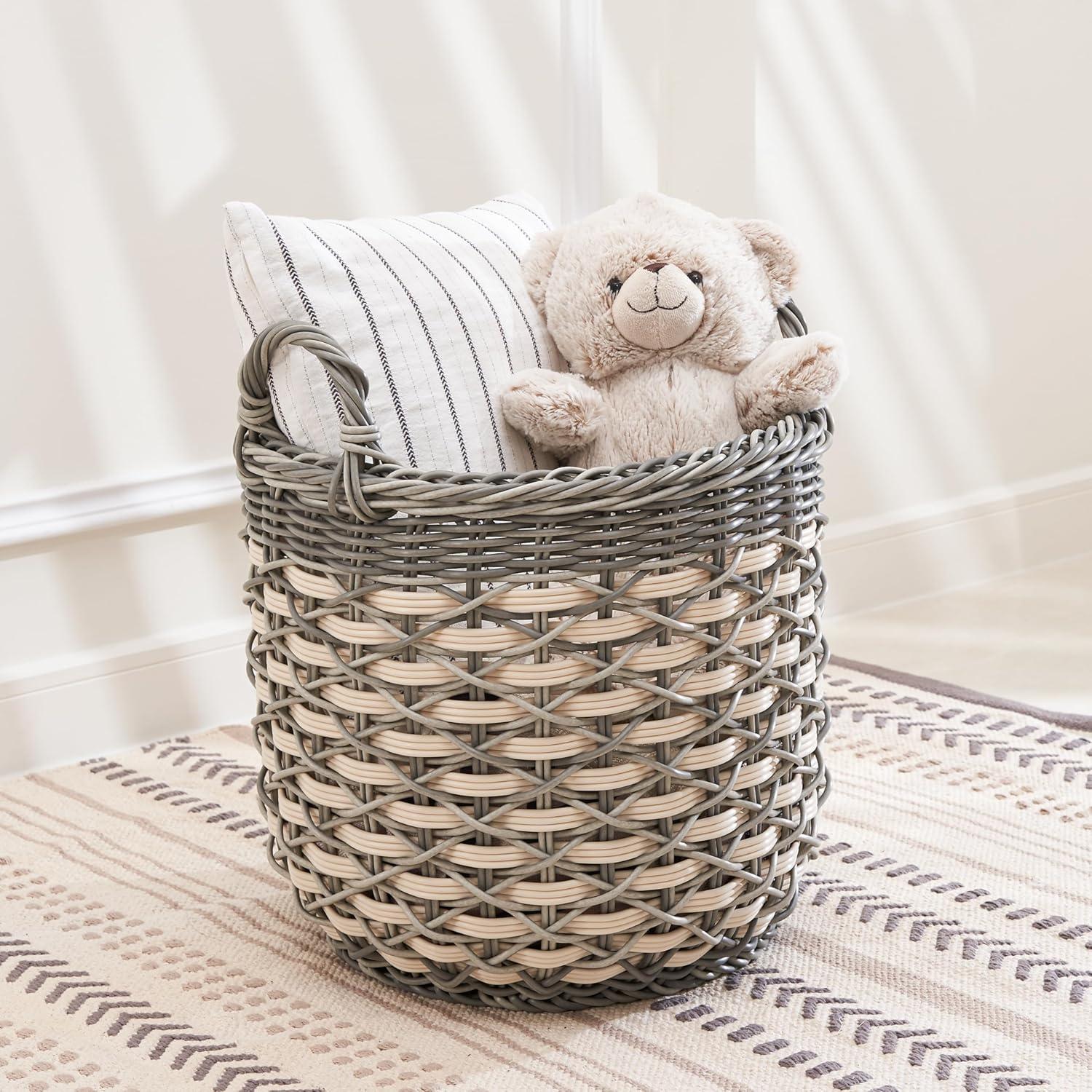Solhome Zita Round Resin Woven Wicker Multi-Use Storage Basket with Handles 18" x 18" x 19.6" White Gray
