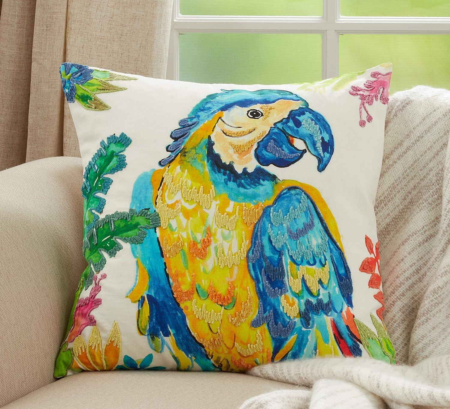 Multicolor Cotton Parrot Design Square Throw Pillow