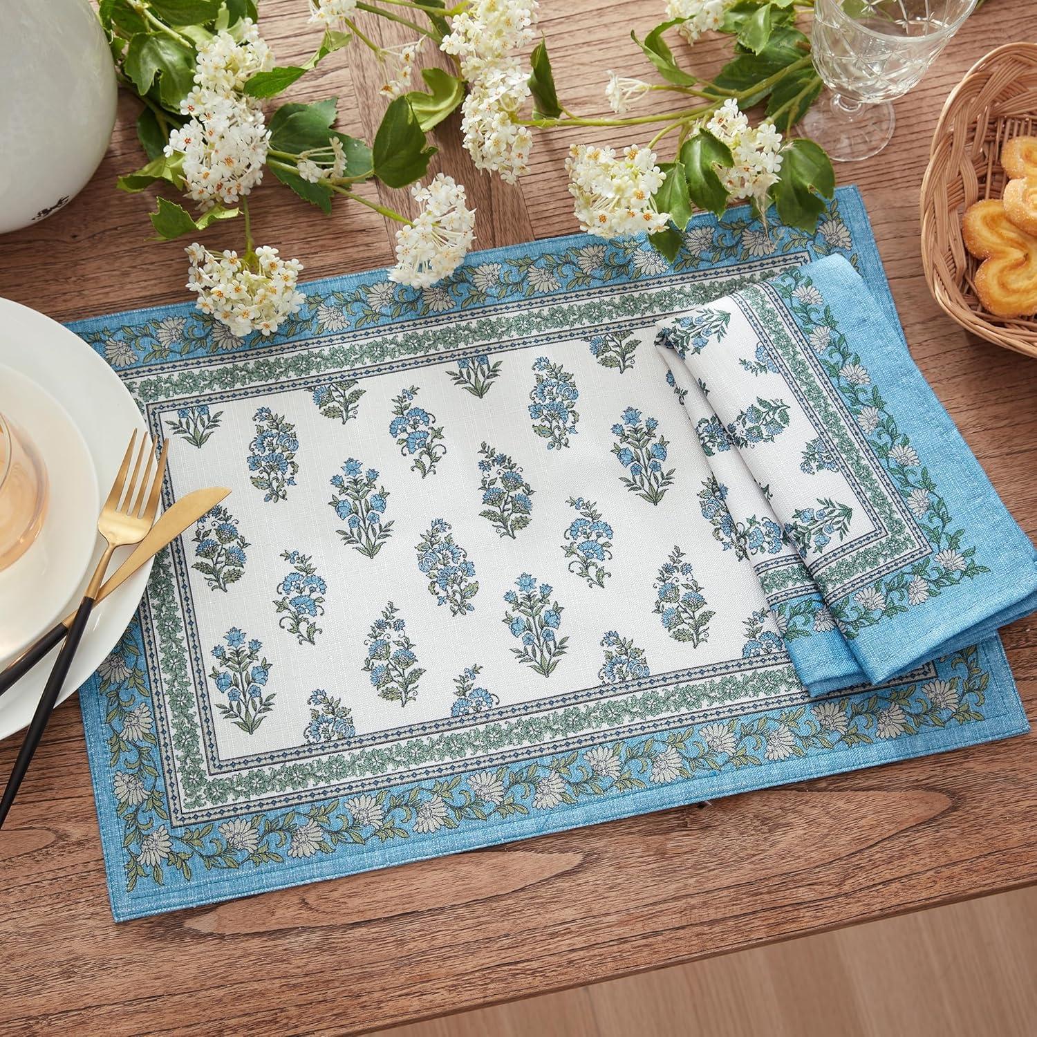 Tropez Block Print Stain & Water Resistant Indoor/Outdoor Placemats, Set of 4 - Multicolor - 13x19 - Elrene Home Fashions