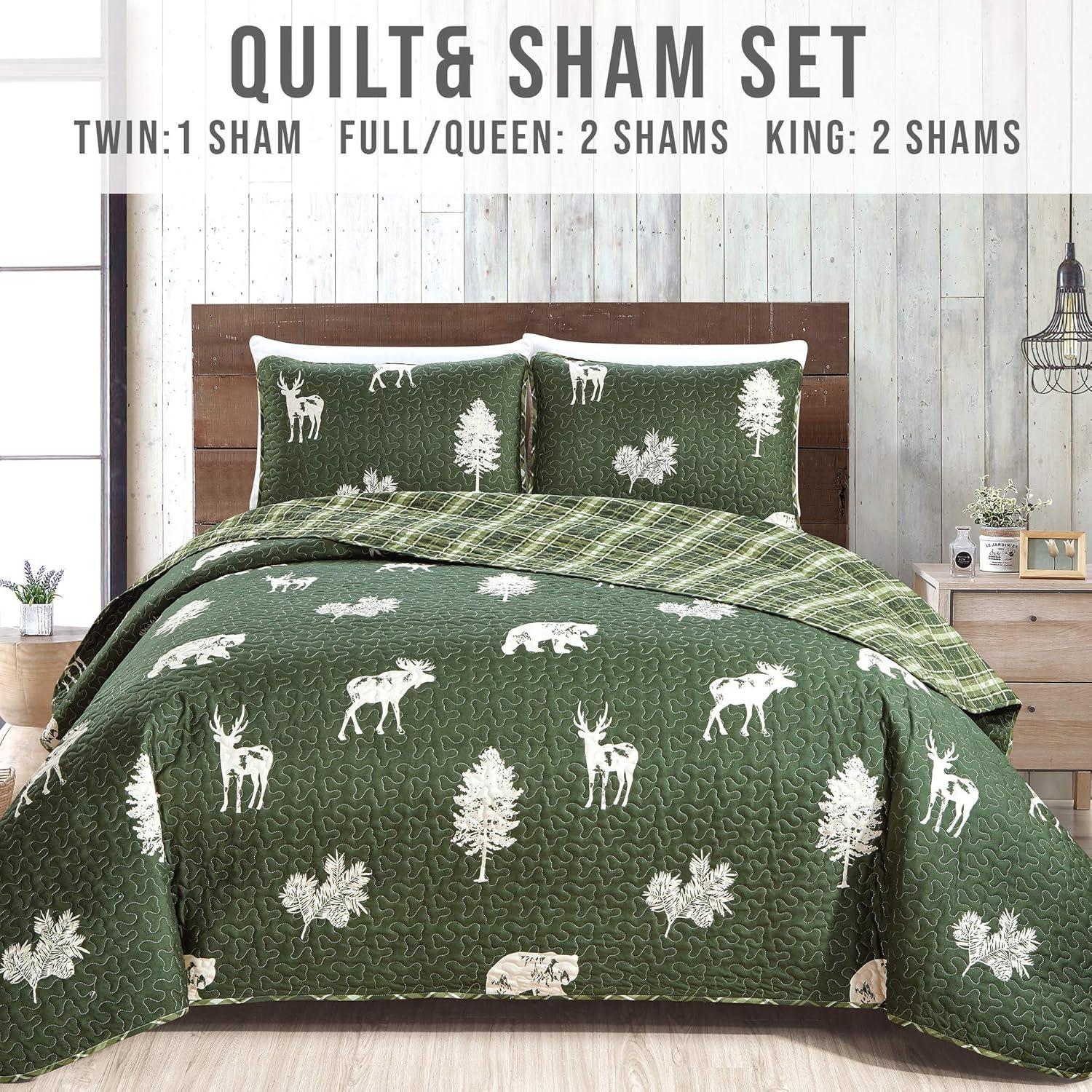 FreshFolds Forest Green Nature Quilt Set Reversible Plaid Quilt Set with Shams