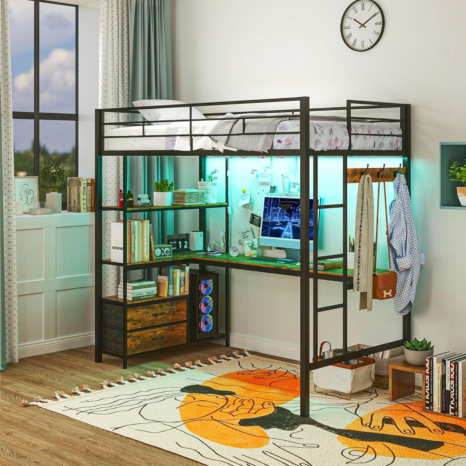 HOMCOM Twin Loft Bed with Desk, LED Lights, Charging Station, Twin Size Metal Loft Bed Frame with Safety Guardrail, Ladder, Noise Free, Black