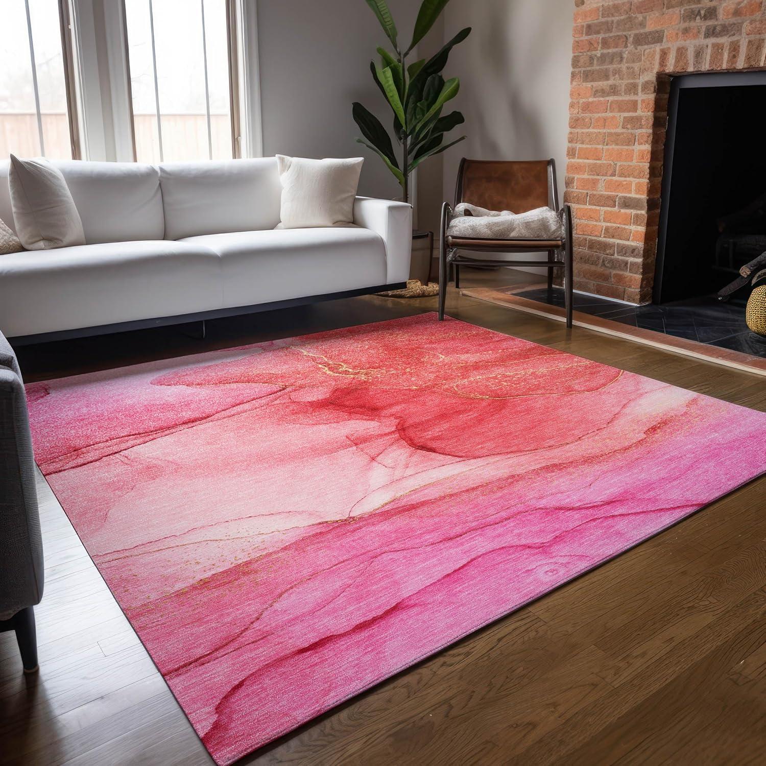 Pink Watercolor Pattern Synthetic Washable 3' x 5' Rug