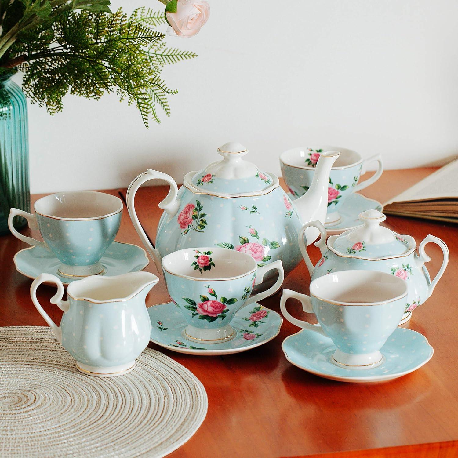 Floral Blue Porcelain Tea Set with Cups and Saucers