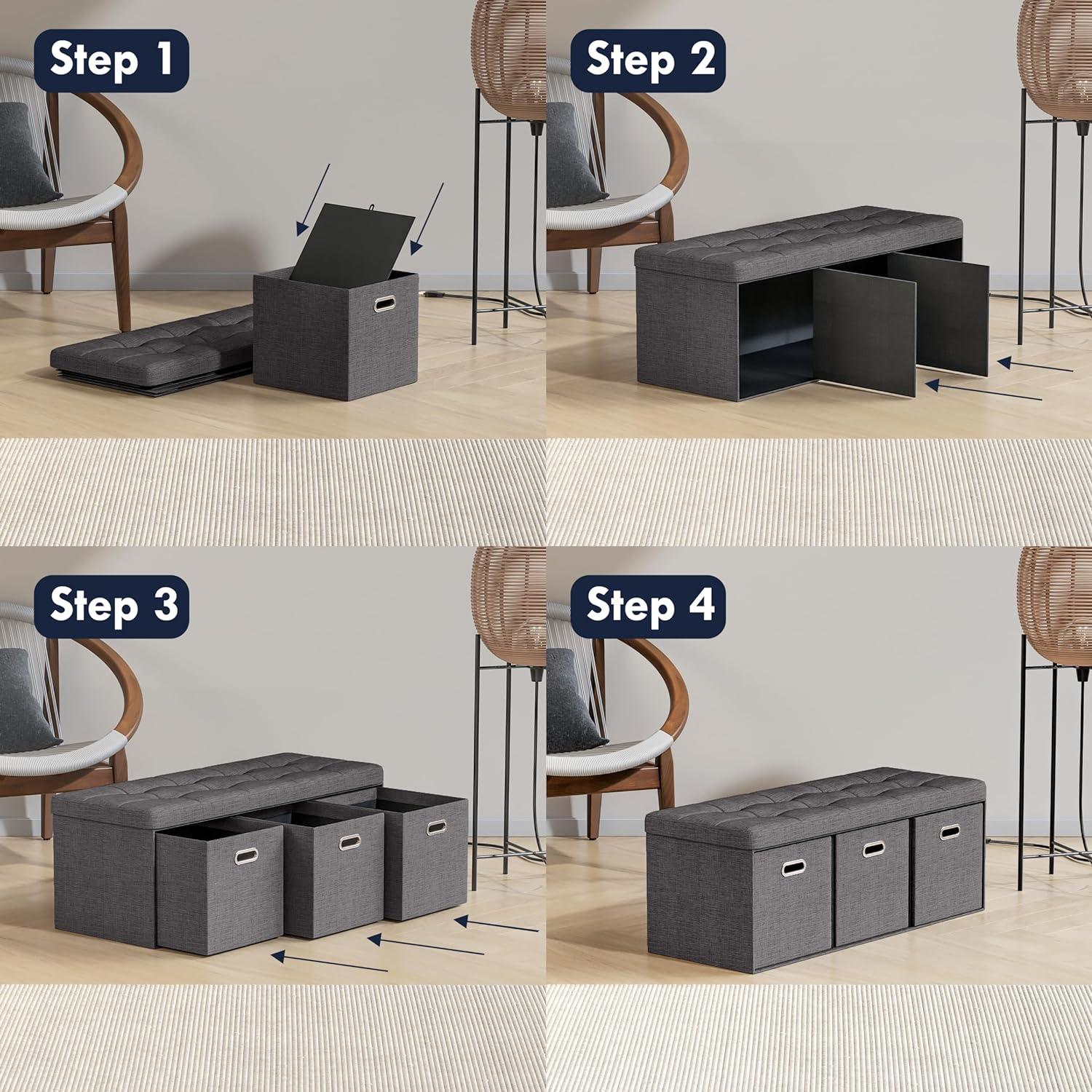 Ornavo Home Collapsible Large Storage Bench Ottoman with Drawers - 40" Inch - Charcoal Gray