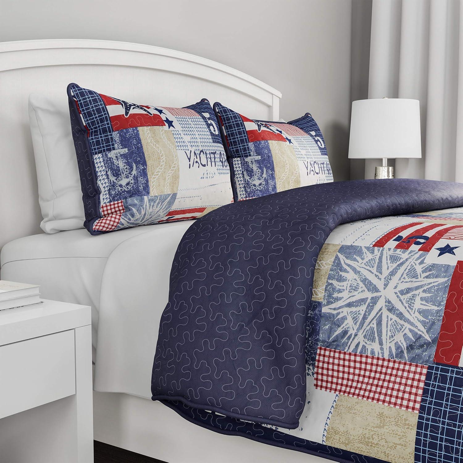 King Blue Microfiber Reversible Nautical Americana Quilt Set