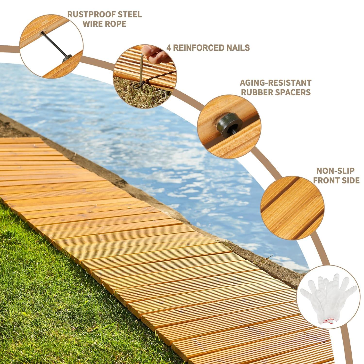 LINSHRY 12FT Wooden Garden Pathway, Outdoor Roll Out Decorative Garden Walkway, Weather-Resistant Non-Slip Hardwood Pathway for Backyard, Beach, Wedding Party Paths