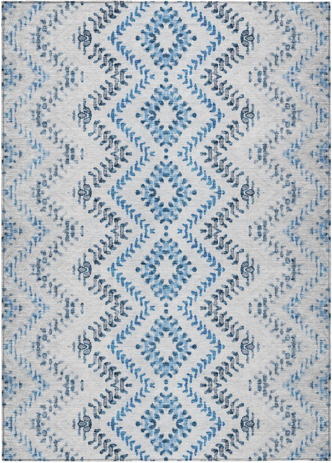 Blue and White Rectangular Washable Synthetic Area Rug