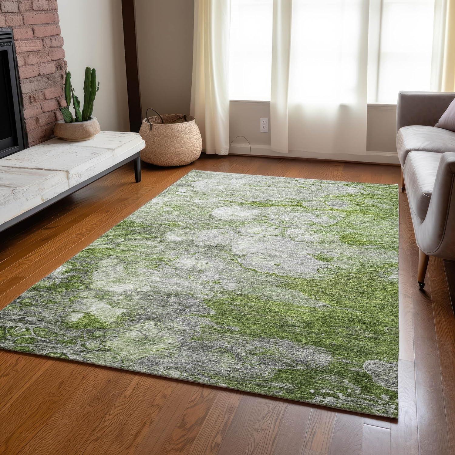 Olive and Gray Abstract Washable Synthetic Area Rug 5' x 7'