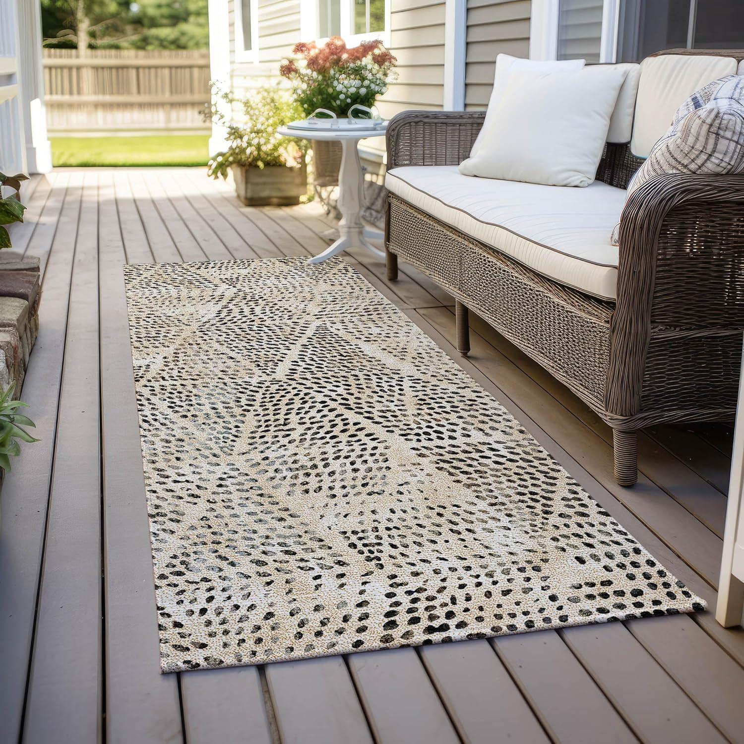 Beige and Black Diamond Pattern Indoor Outdoor Runner Rug