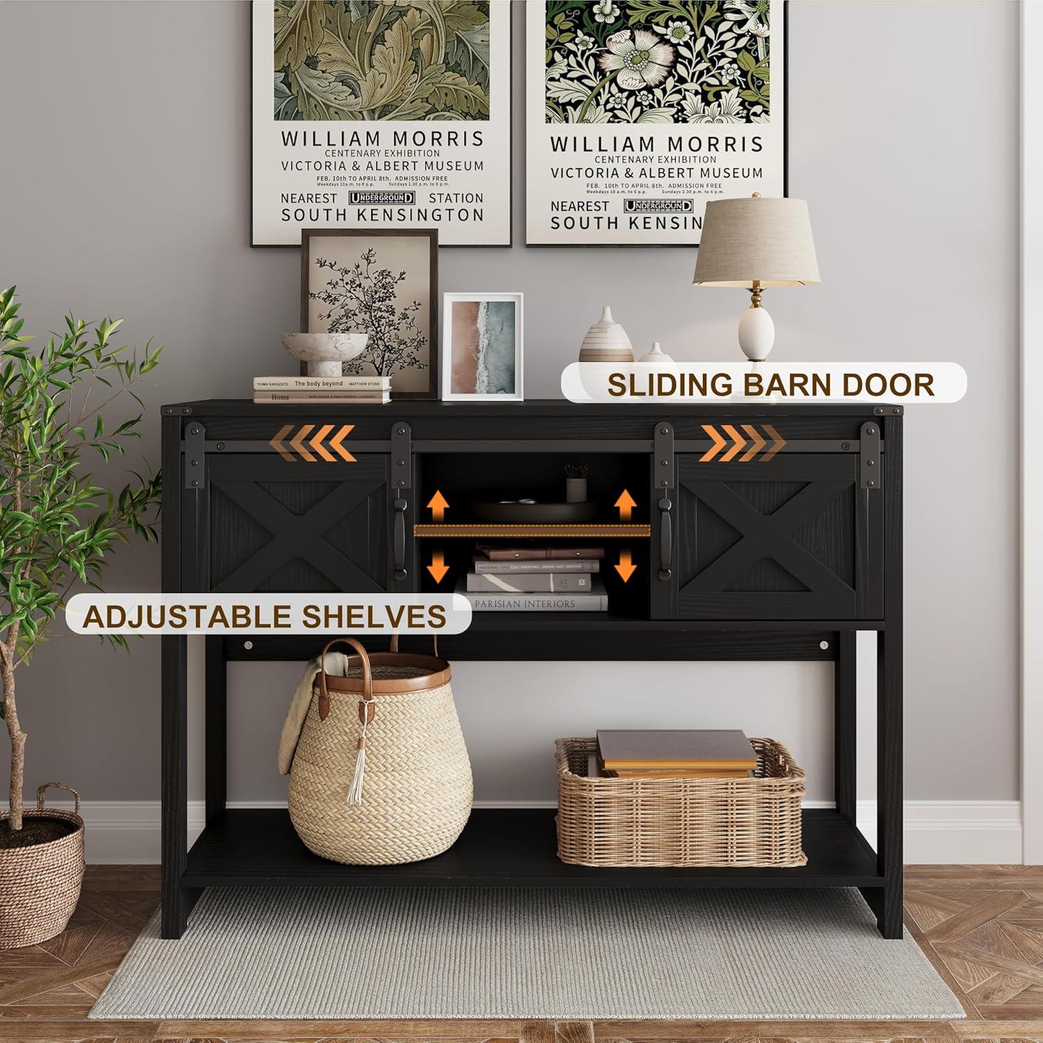 Farmhouse Console Table with Storage Shelf & Sliding Barn Door, Wood Entryway Table with Storage, 46" Narrow Long Sofa Table, Behind Couch Table, Console Tables for Living Room, Entryway, Foyer