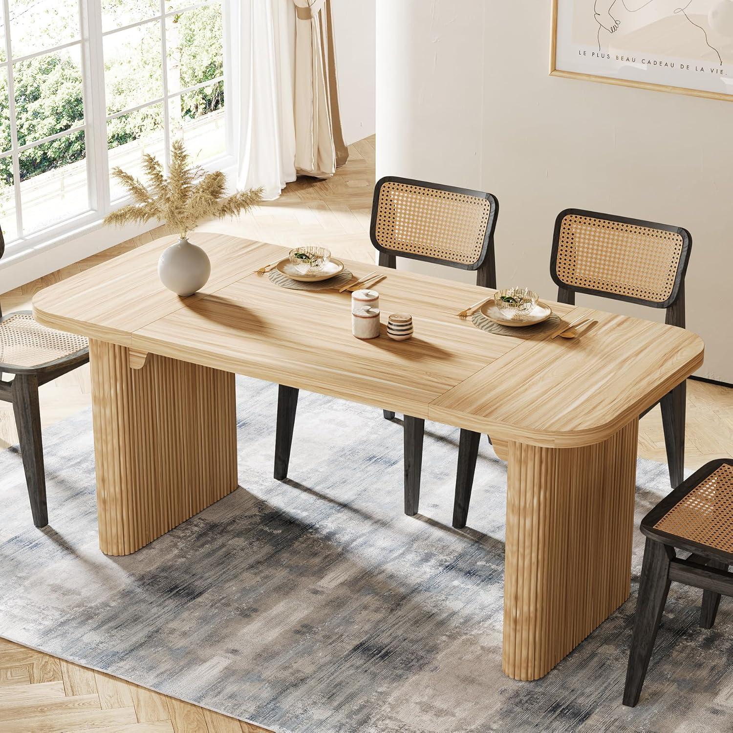 Tribesigns Modern Dining Table for 6 People, 63-Inch Natural Wood Kitchen Table with Double Robust Pedestal, Long Rectangle Wooden Dinner Table for Dining Room