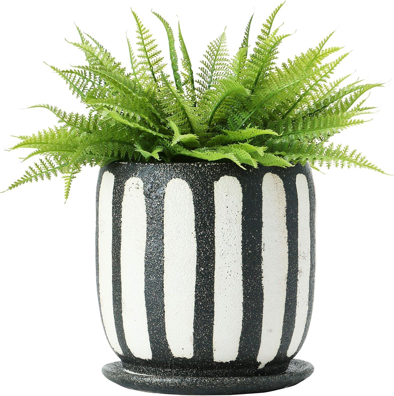 Bold Hand-Painted Black & White Terra-cotta Planter with Saucer, 7.5"