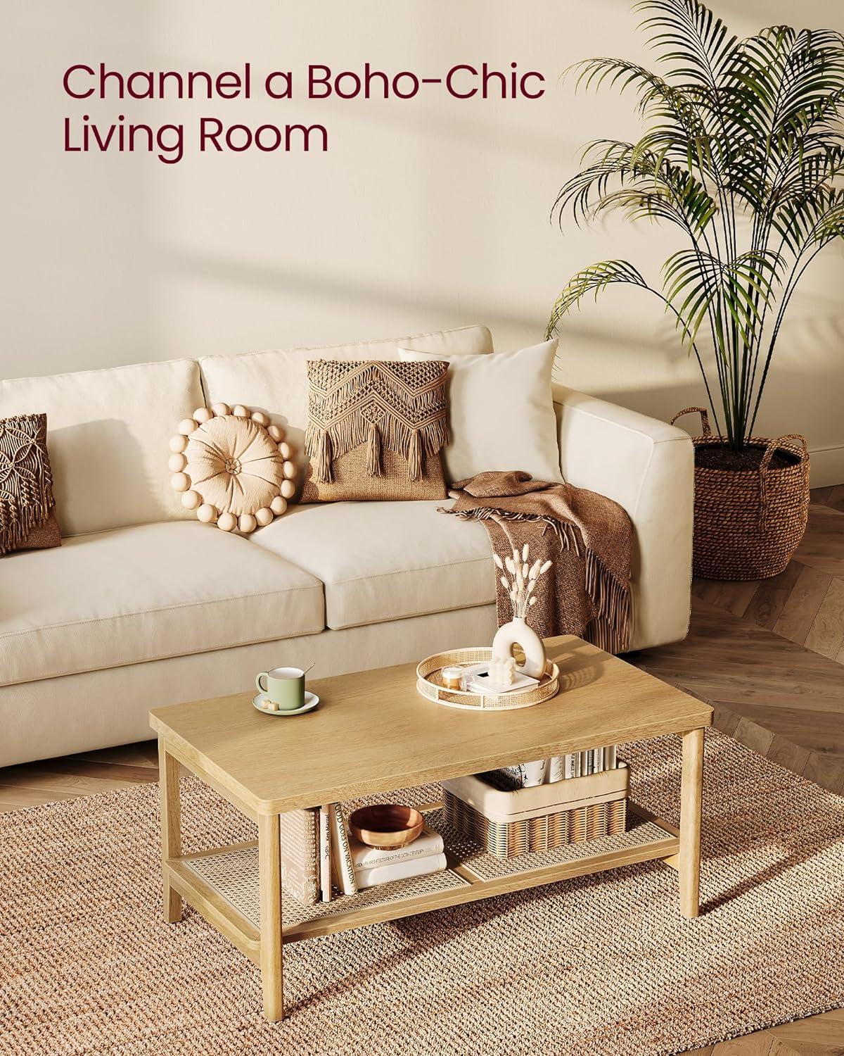 VASAGLE 2-Tier Coffee Table for Living Room, Rectangular Living Room Table, with PVC Rattan Storage Shelf, Rounded Corners, Easy Assembly, Boho Style, 21.7 x 39.4 x 17.7 Inches, Oak Beige ULCT240Y57