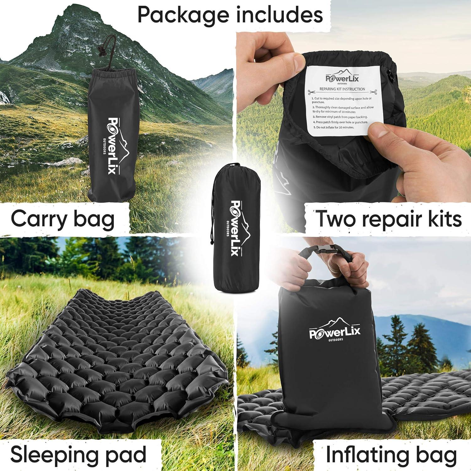 PowerLix Black Ultralight Inflatable Camping Sleeping Pad with Repair Kit