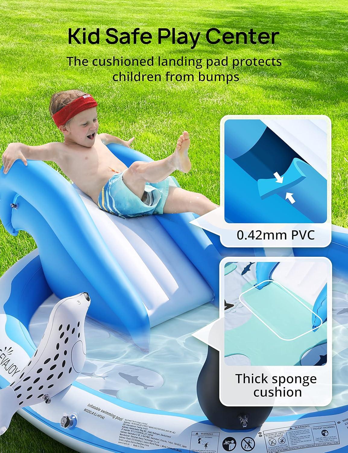 Blue Inflatable Kiddie Pool with Slide and Sprinkler