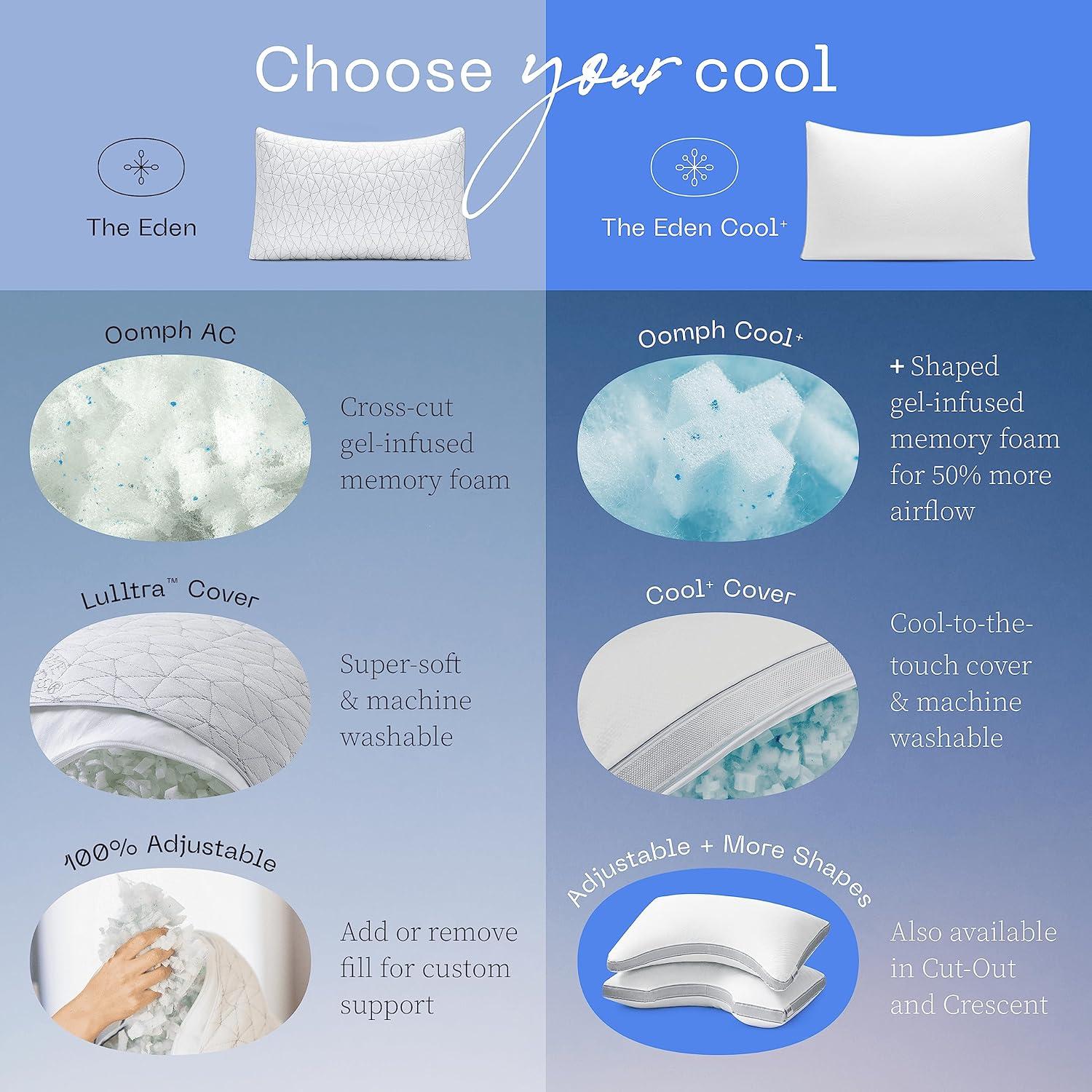Coop Home Goods The Eden Cool+ Adjustable Pillow, Queen Size Plus Memory Foam Pillows with Cooling Gel, Back, Stomach or Side Sleeper, Neck Support
