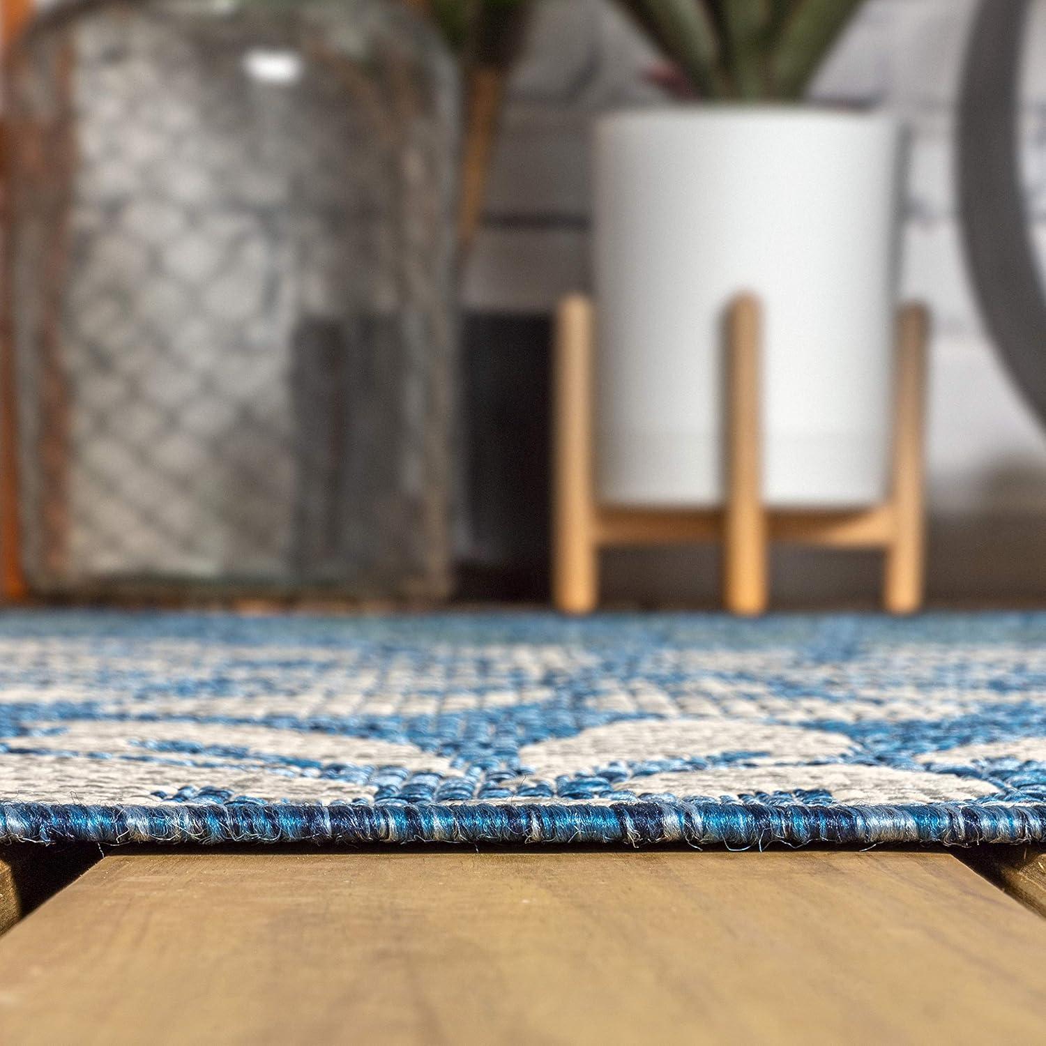 JONATHAN Y Zinnia Modern Floral Textured Weave Navy/Aqua 2 ft. x 20 ft. Indoor/Outdoor Runner Rug