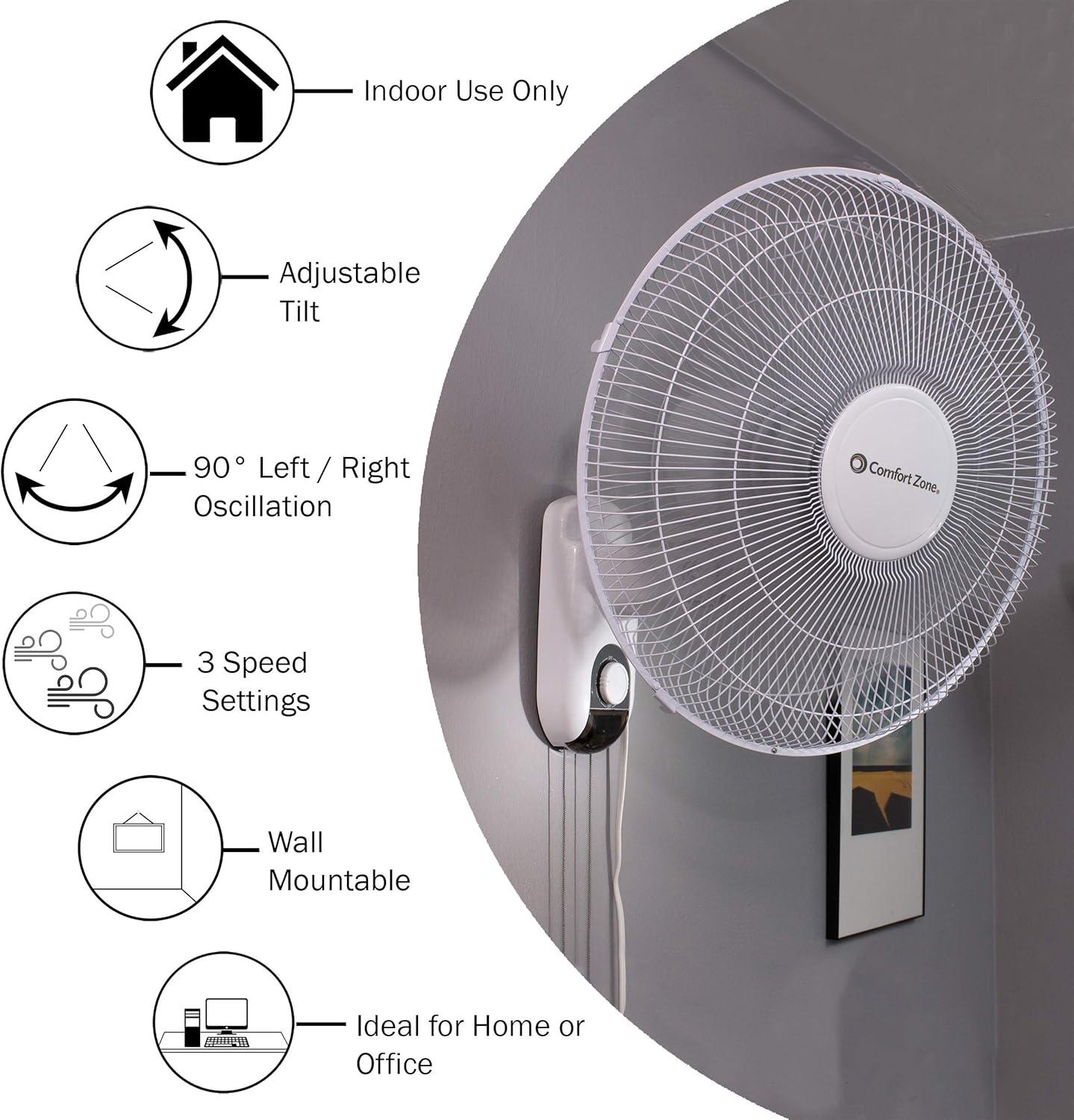 Comfort Zone 16" Oscillating Wall Mount Fan with Adjustable Tilt, 3 Speed, Metal Grille, 90 Degree Oscillation, Airflow 14.07 ft/sec, Ideal for Home, Bedroom, Gym & Office, CZ16W