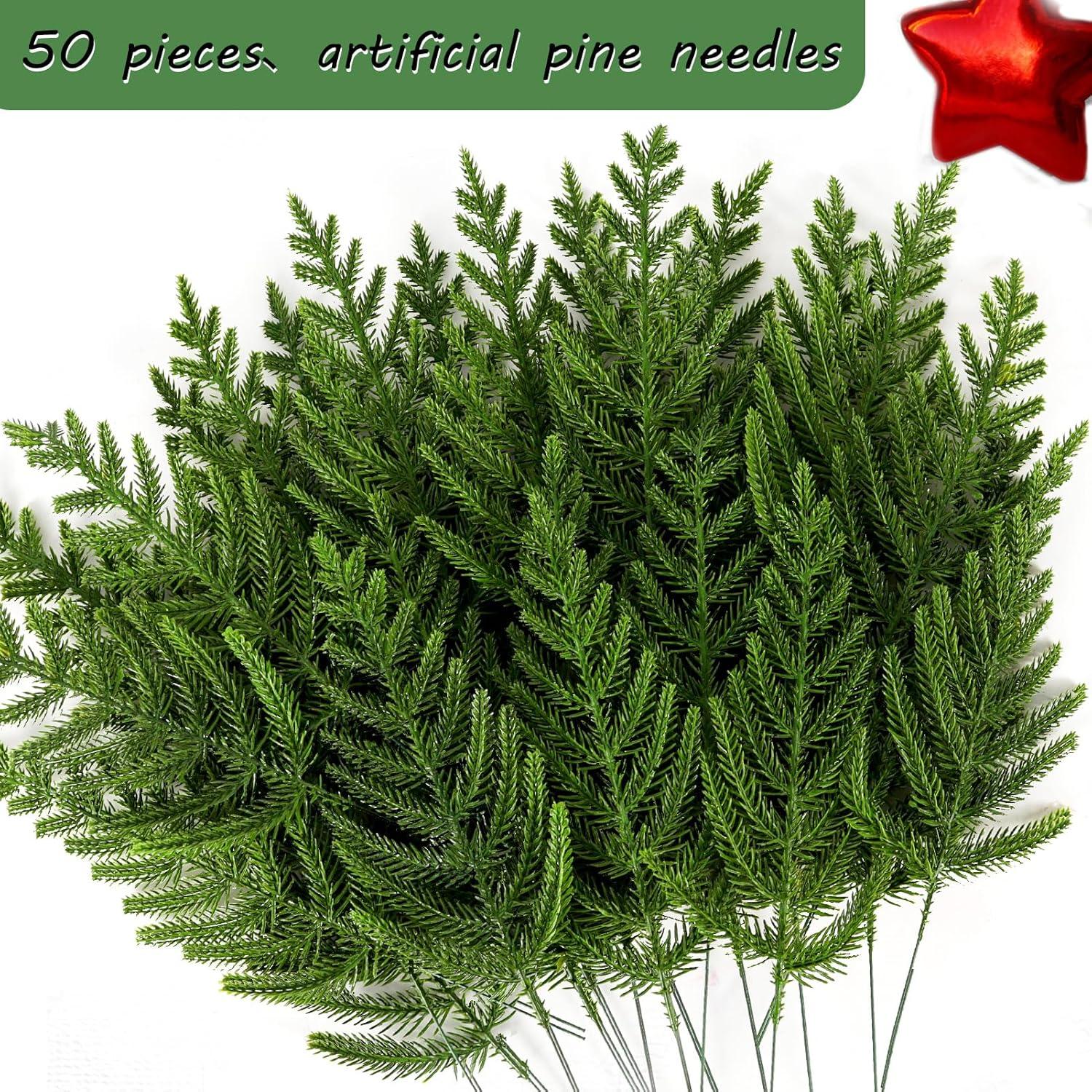 50 Pcs Artificial Pine Branches Christmas Pine Needles Green Plants Fake Greenery Pine Picks Christmas Decorations for DIY Garland Wreath Xmas Embellishing and Home Garden Decoration