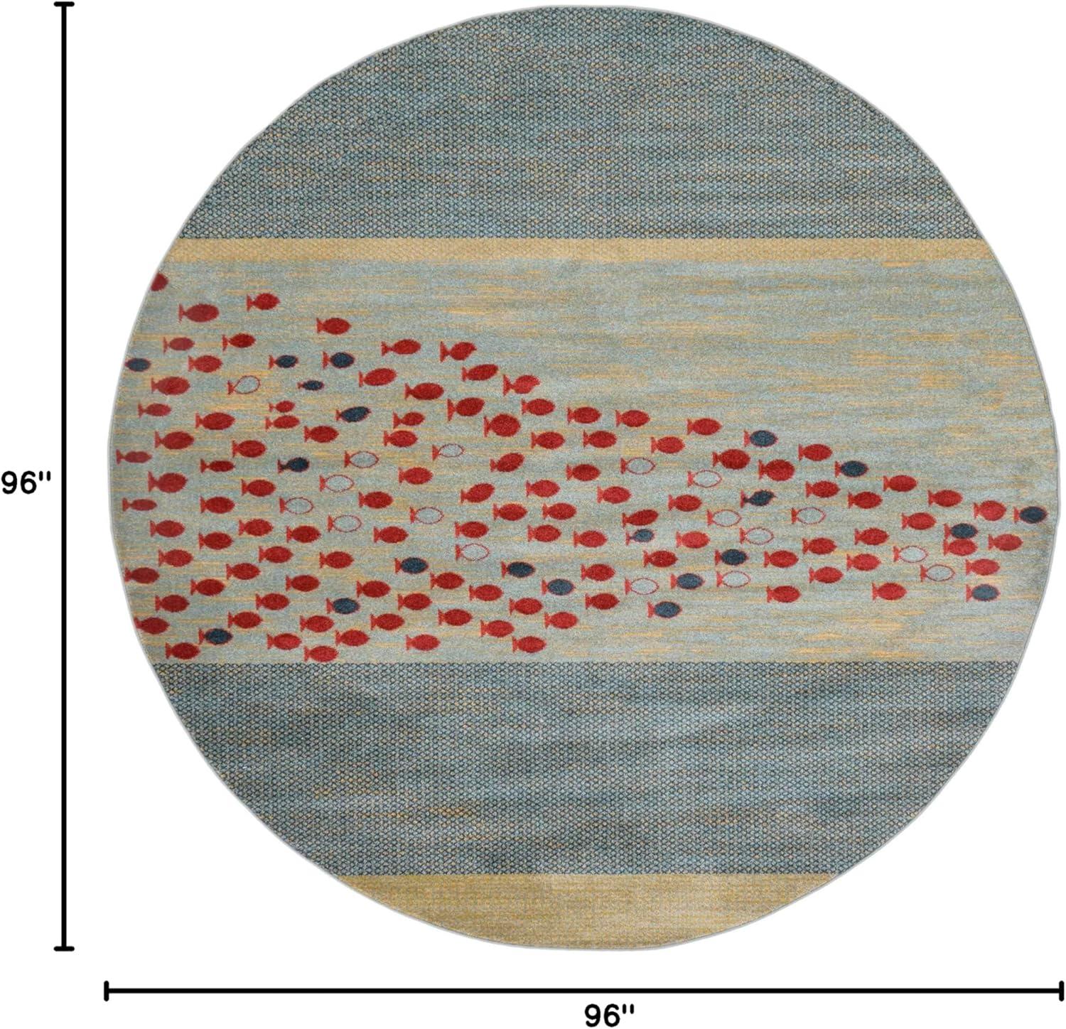 Blue and Light Blue Round Synthetic Easy Care Rug