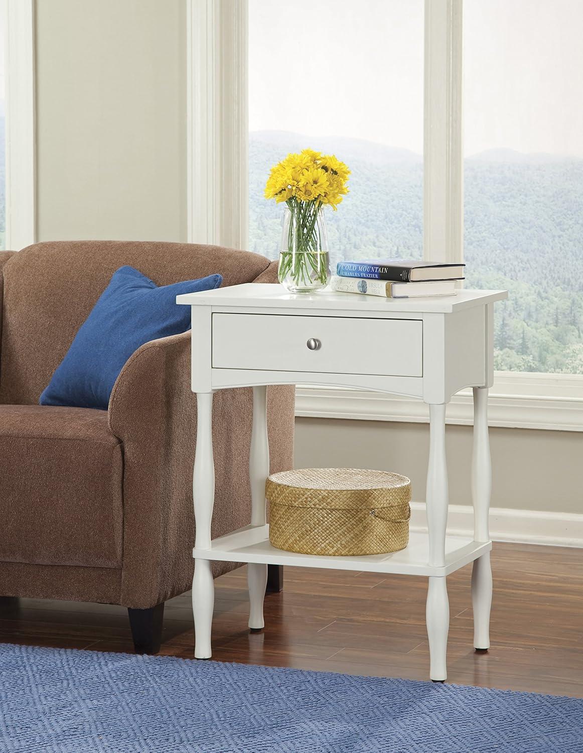 End Table Hardwood Ivory with Drawer & Shelf - Alaterre Furniture: Cottage Style, Turned Legs