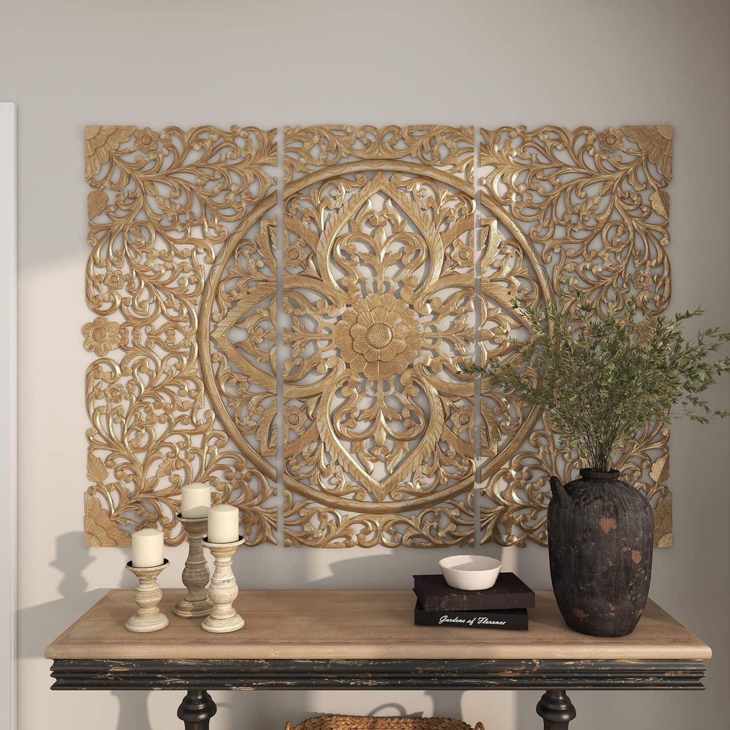 Gold Pinewood Hand-Carved Floral Wall Panels, Set of 3