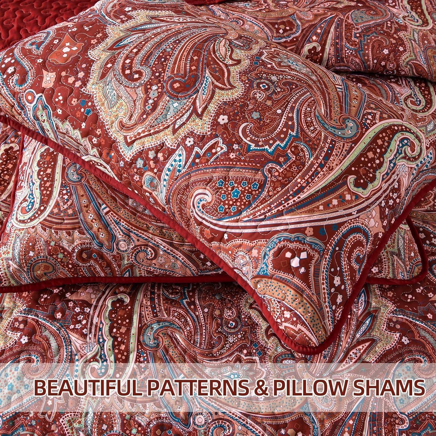 DJY Red Paisley Quilt Set Queen Size Boho Quilt Bedspread Set 3 Pieces, Soft Lightweight Microfiber Coverlet Set Burgundy Paisley Floral Pattern Bedding for All Season, 96''x90''