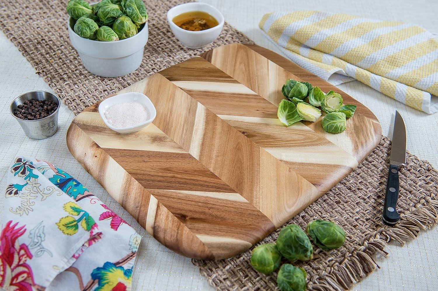 Lipper International Acacia Herringbone Rounded Edge Cutting/Serve Board With Inset Handles, Small