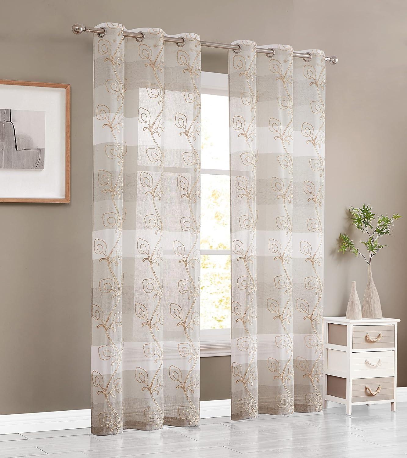 Silvia Embroidered Floral Sheer Linen Grommet Curtain Set