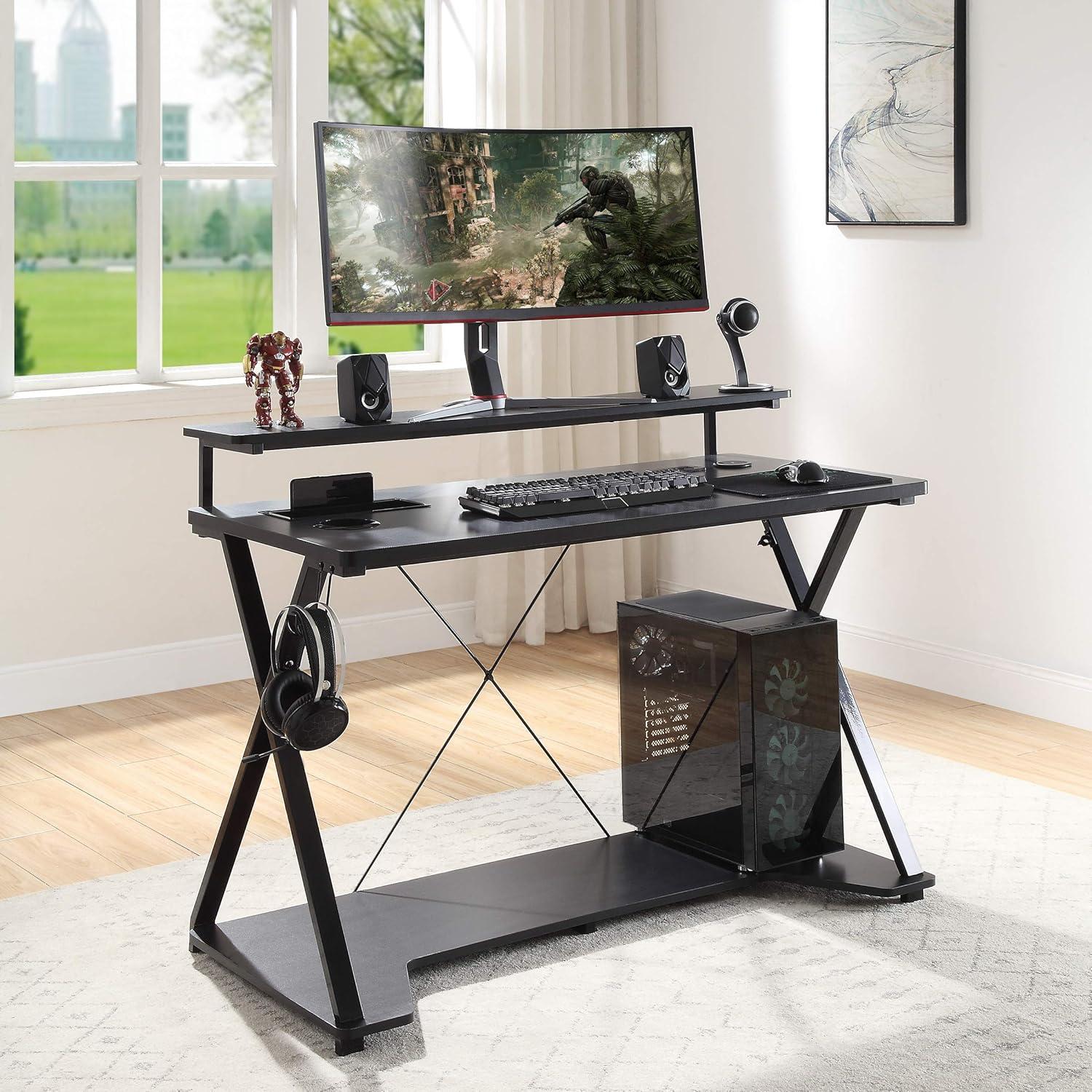 OSP Home Furnishings Checkpoint Ghost Battlestation Gaming Desk with RGB LED Lights