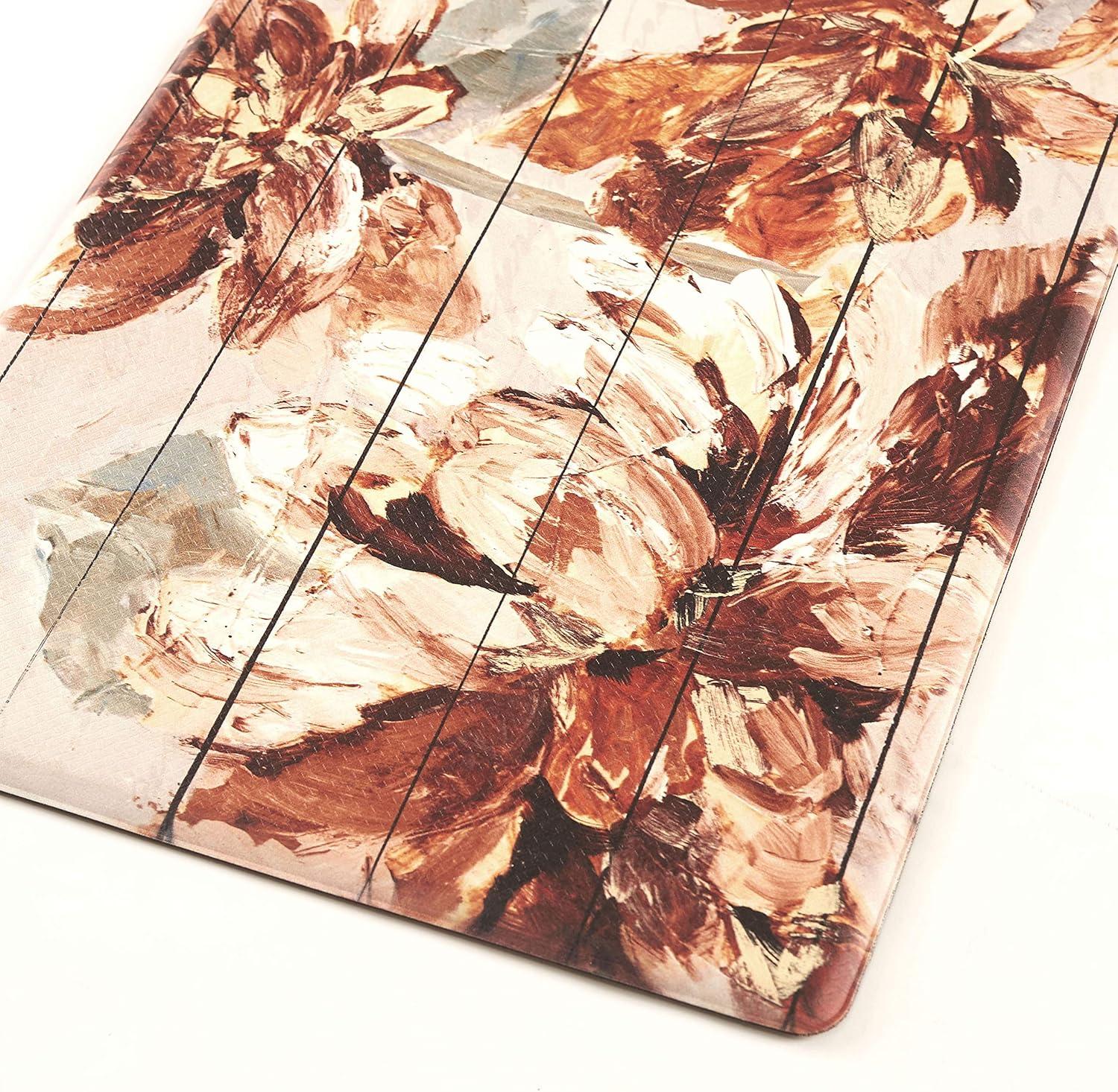 Floral Anti-Fatigue Kitchen Mat in Brown and Beige Polyurethane