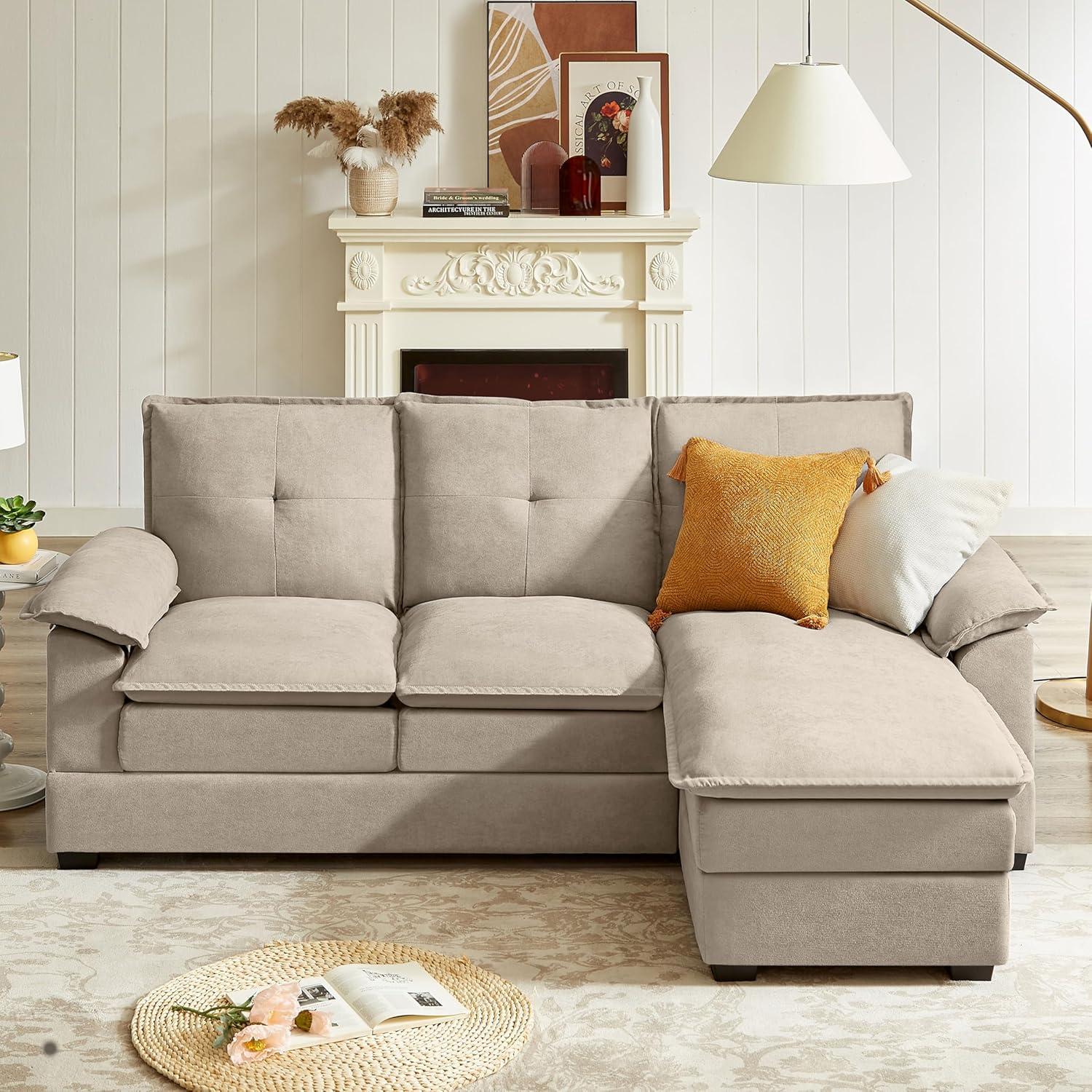 82" Convertible Sectional Sofa, L-Shaped Comfy Cloud Couch with Reversible Chaise and Padded Armrests, Modern Polyester 3 Seat Sofa Couches for Living Room (Green)