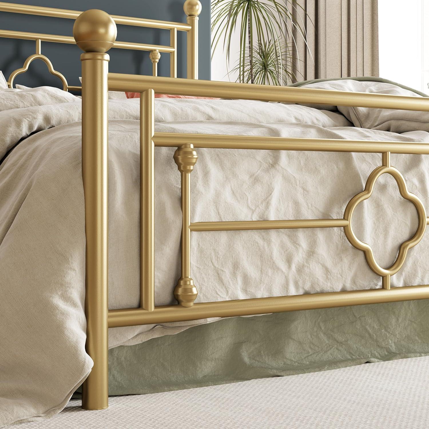 U-SHARE14 Inch Queen Size Metal Platform Bed Frame with Vintage Victorian Style, Wrought Iron Headboard/Mattress Foundation for Storage/No Box Spring Required/Easy Assembly/Gold