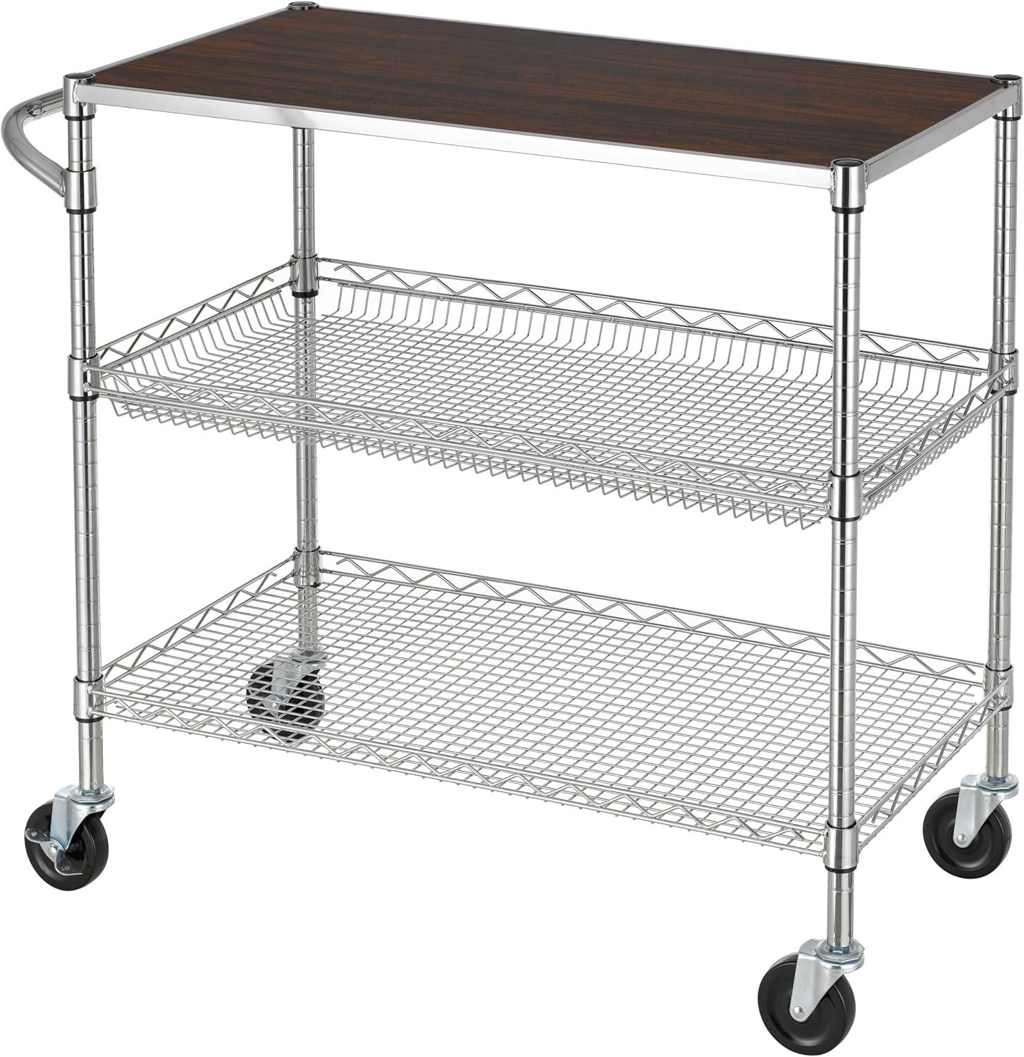 Heavy Duty Chrome 3-Tier Rolling Utility Cart with Alloy Steel Frame