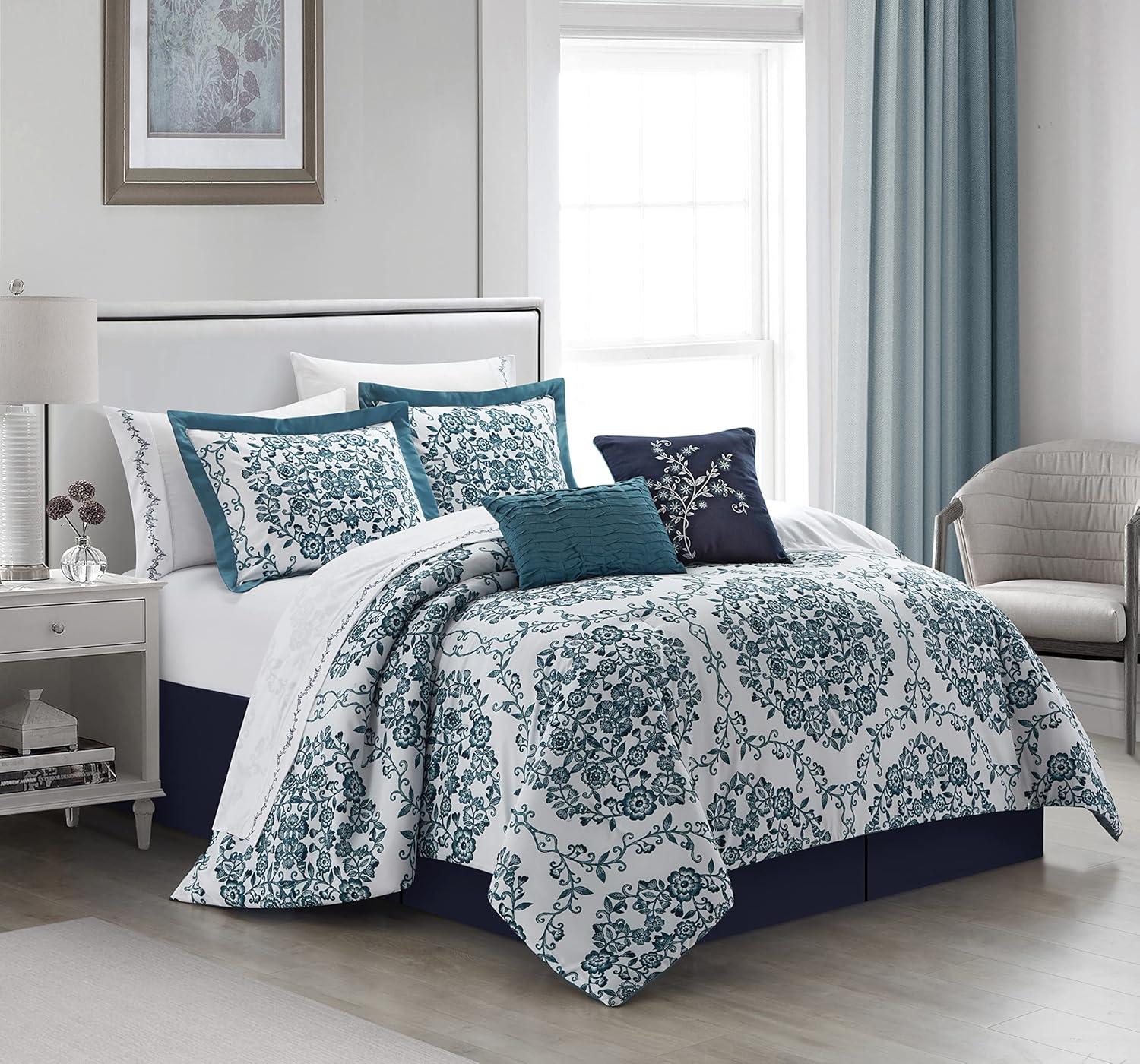 Lanco Dolores 7-Piece California King Comforter Set, Teal, Floral Fill Material 100% Polyester, All Season Premium Bedding Set