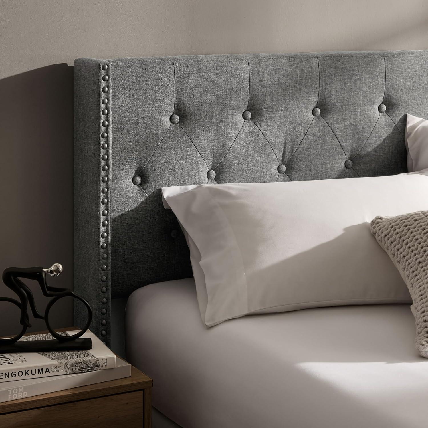 Bryt Wingback Diamond Upholstered Platform Bed, King Size Bed Frame with Headboard - Silver