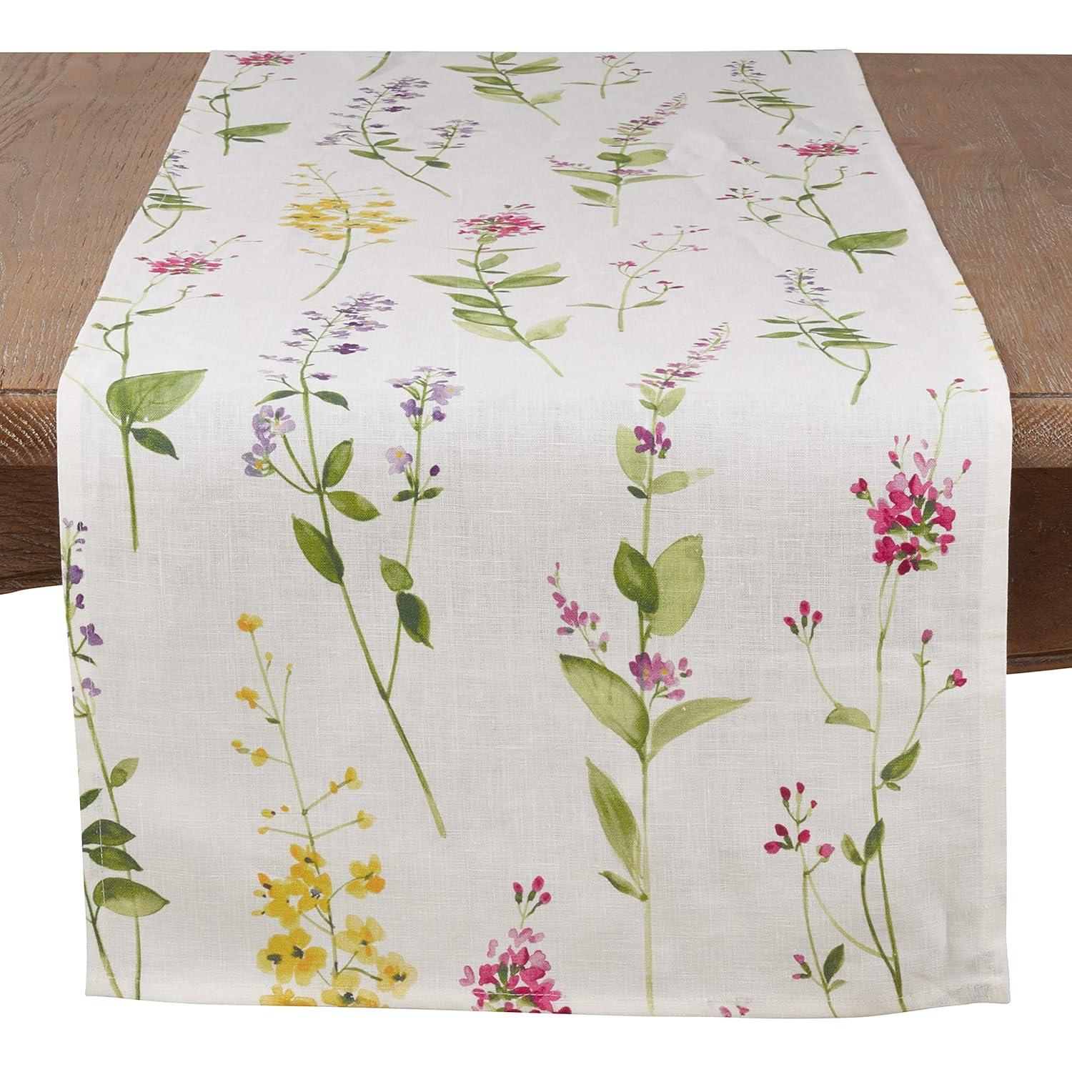 Saro Lifestyle Watercolor Floral Design Table Runner, Off-White, 16" x 108"