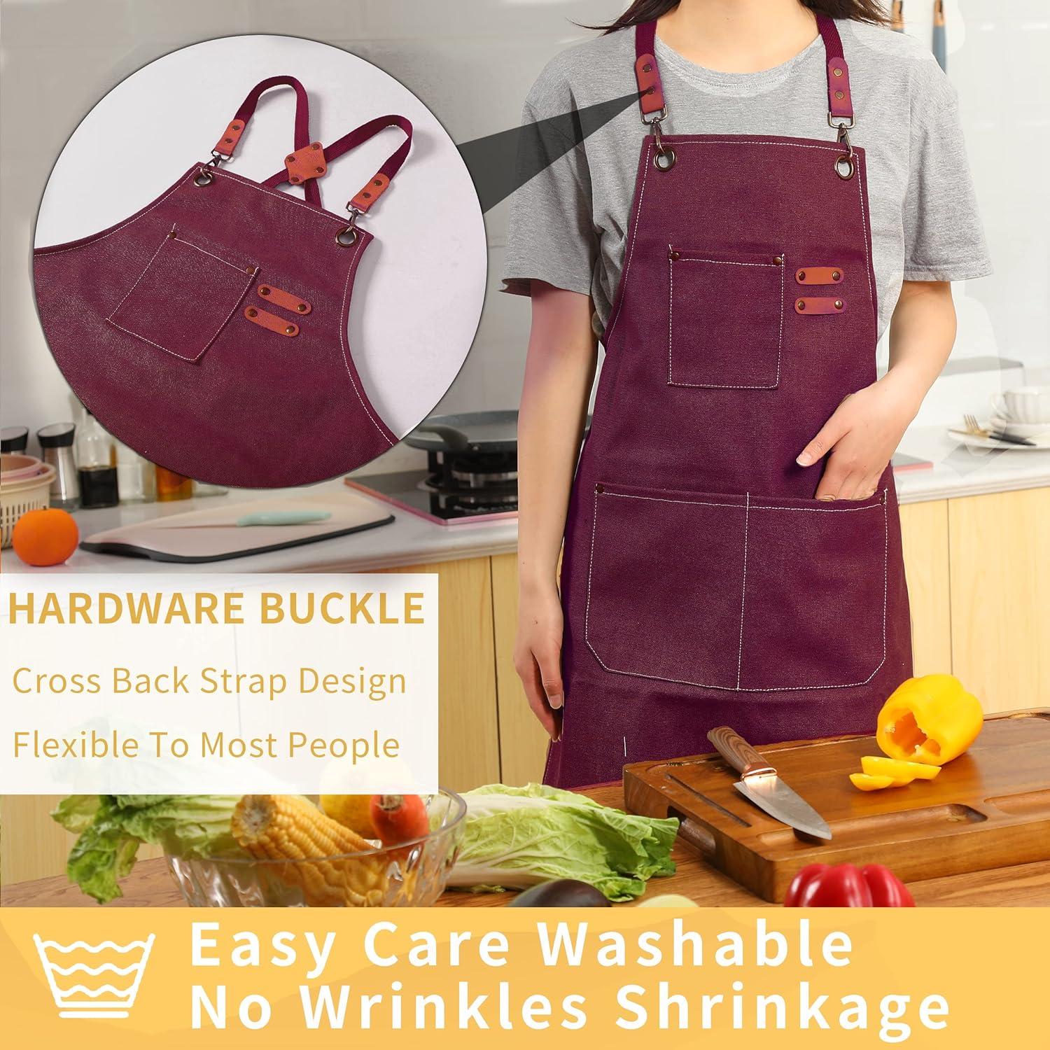 Dark Red Cotton Canvas Cross Back Grilling Apron with Large Pockets