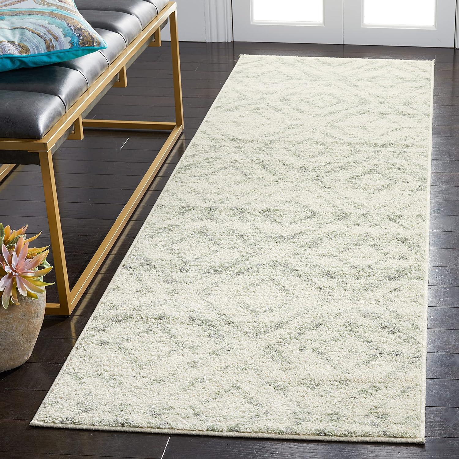 Ivory and Green Geometric Easy Care Runner Rug