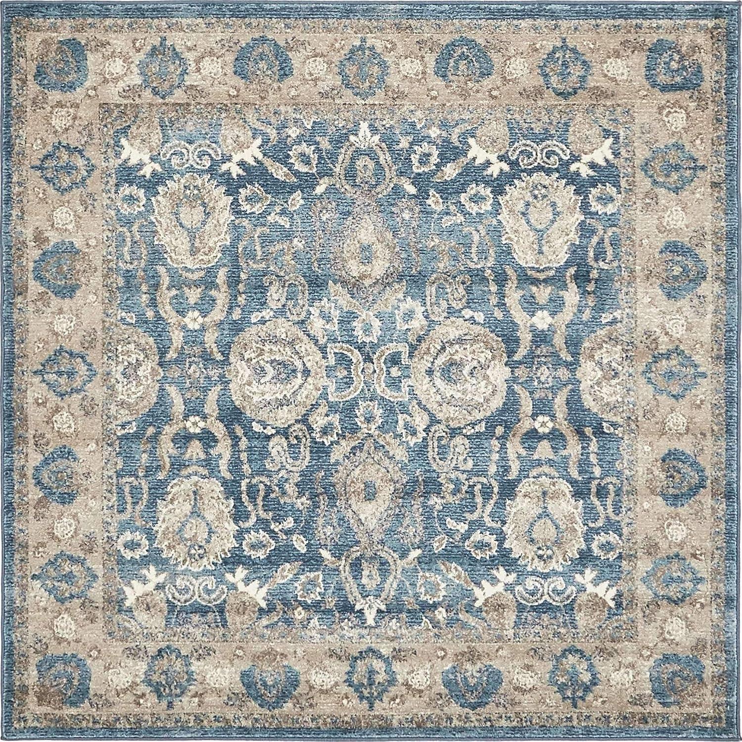 Light Blue Floral Synthetic Square Rug, 5' x 5'