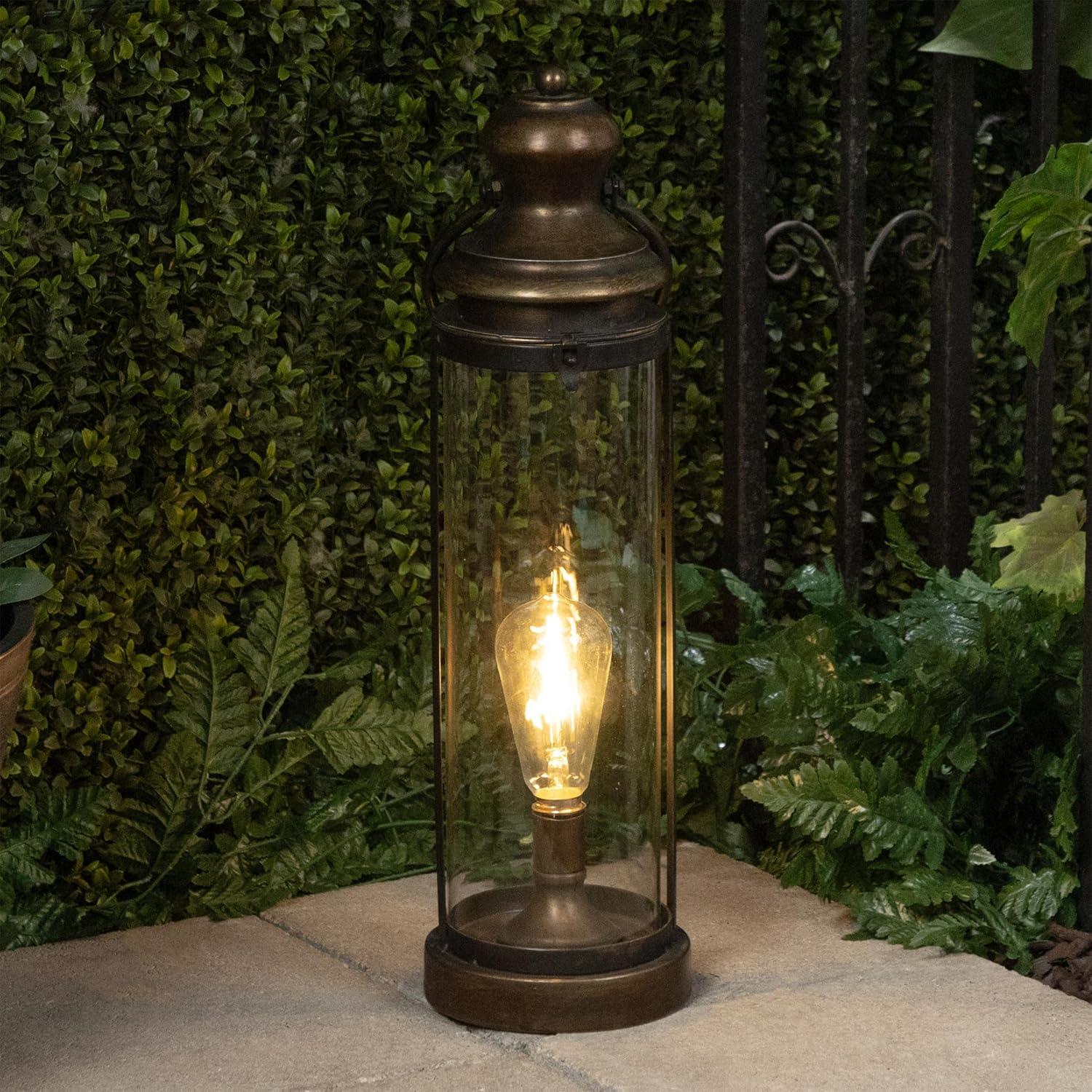 Gold Metal and Glass Lantern with Warm White LED Light, 21"