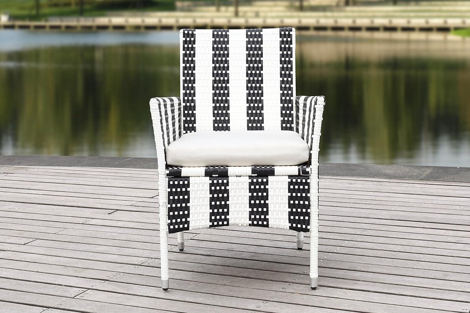 Black and White PE Rattan Arm Chairs with Cushions, Set of 2