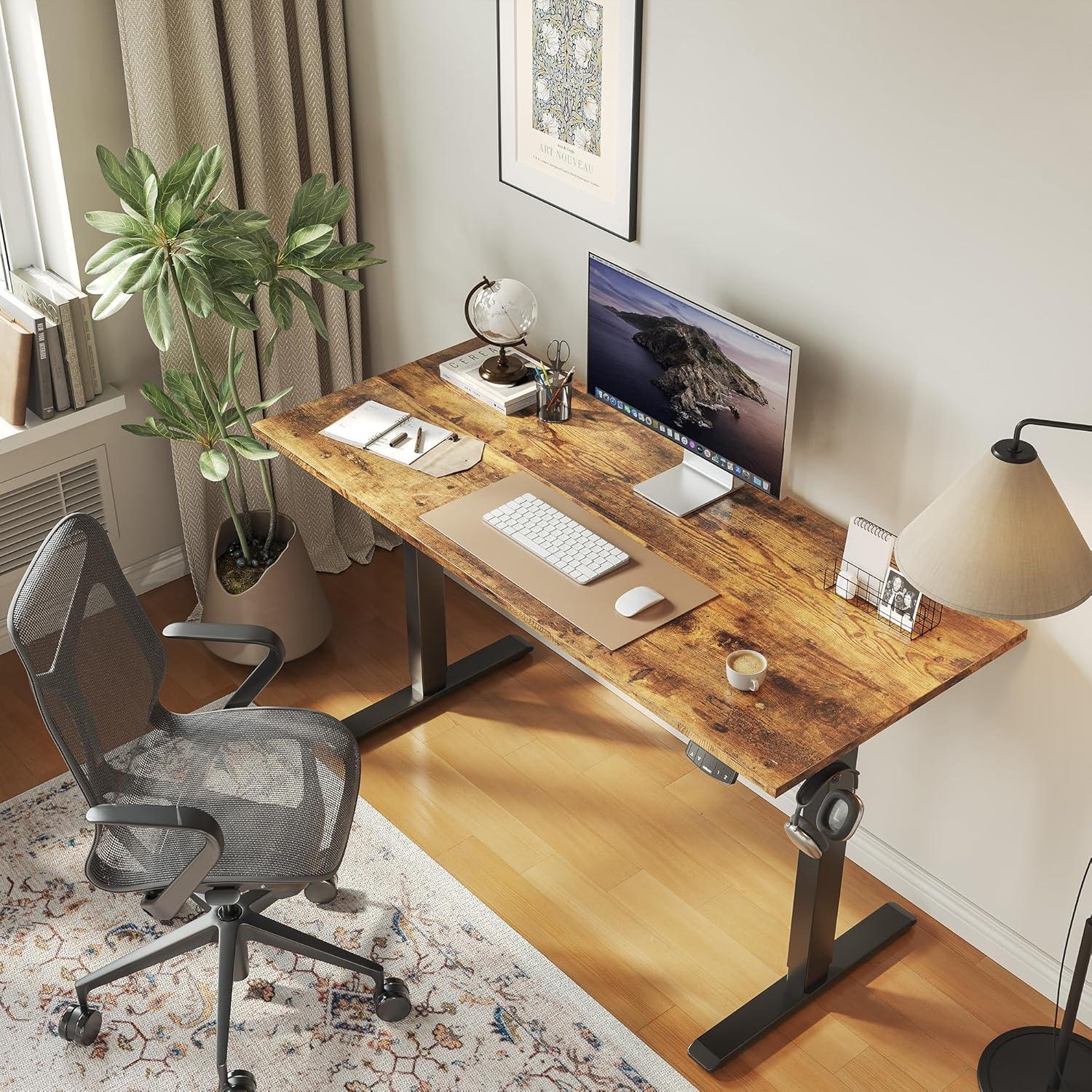 Rustic Brown Adjustable Height Standing Desk with Cup Holder and Headphone Hook