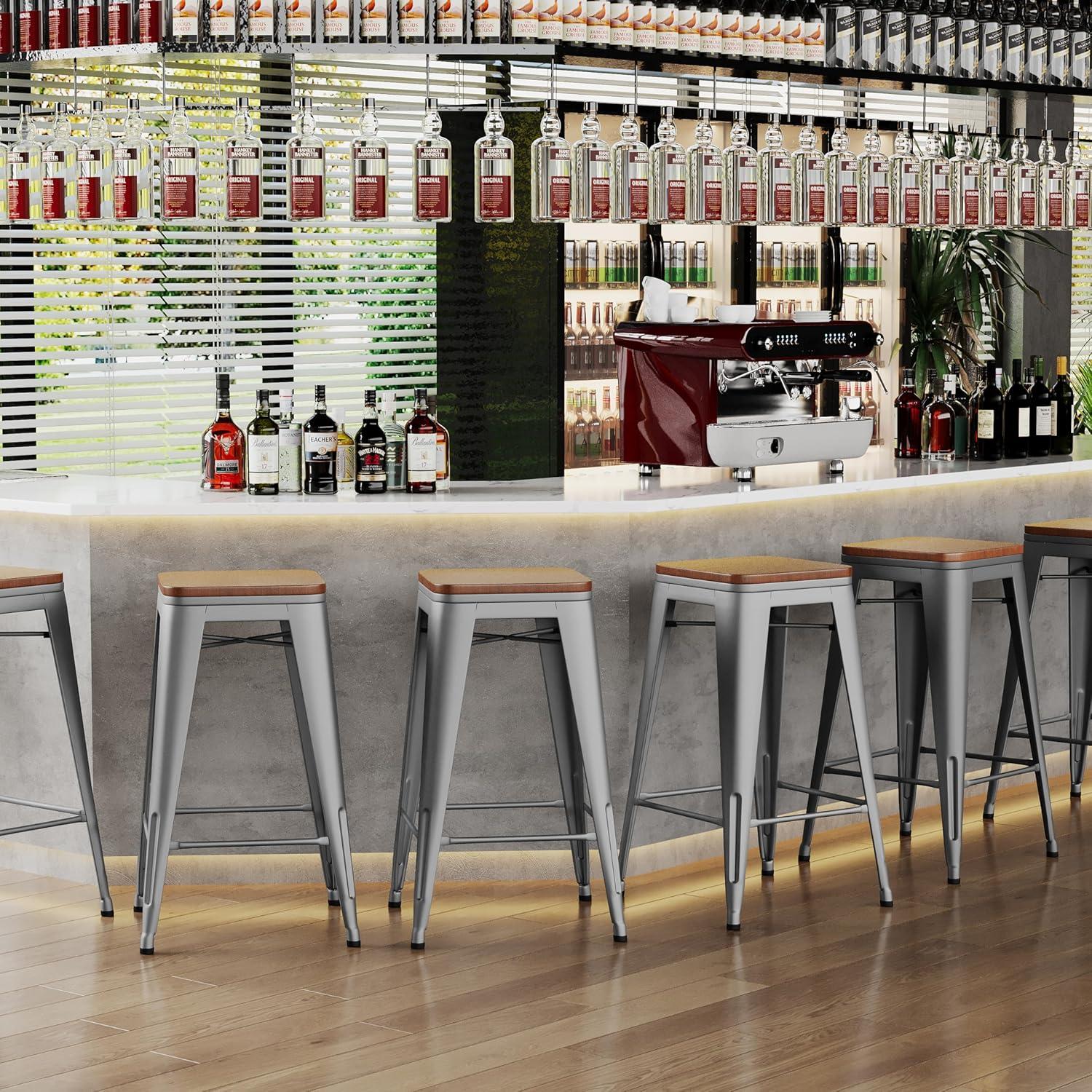 Drevy 26" Metal Counter Height Bar Stools Set of 4 Industrial Backless Kitchen Patio Counter Stool Stackable Barstools Wood Top-Silver