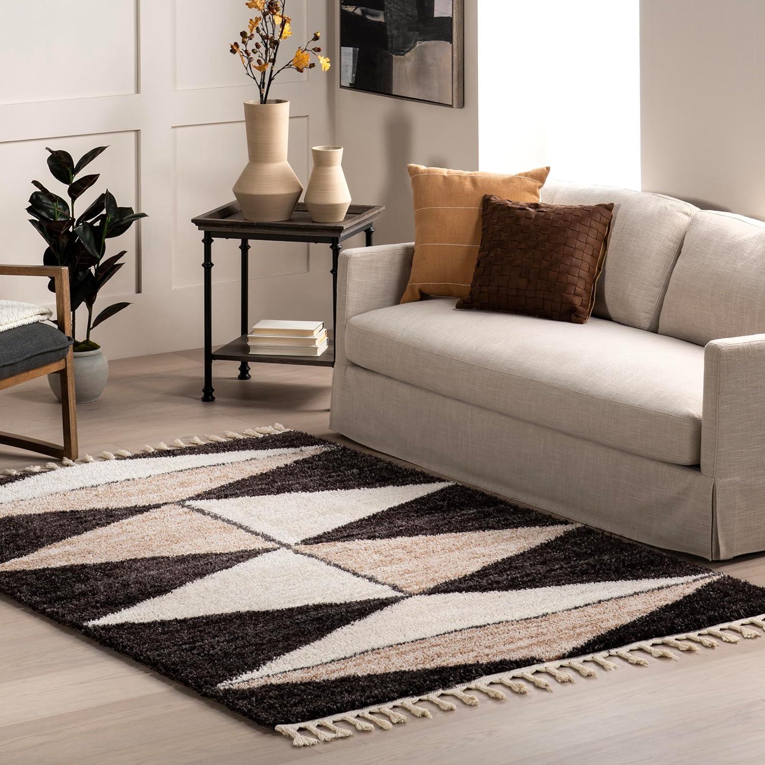 Brown and Beige Geometric Shag 4' x 6' Area Rug