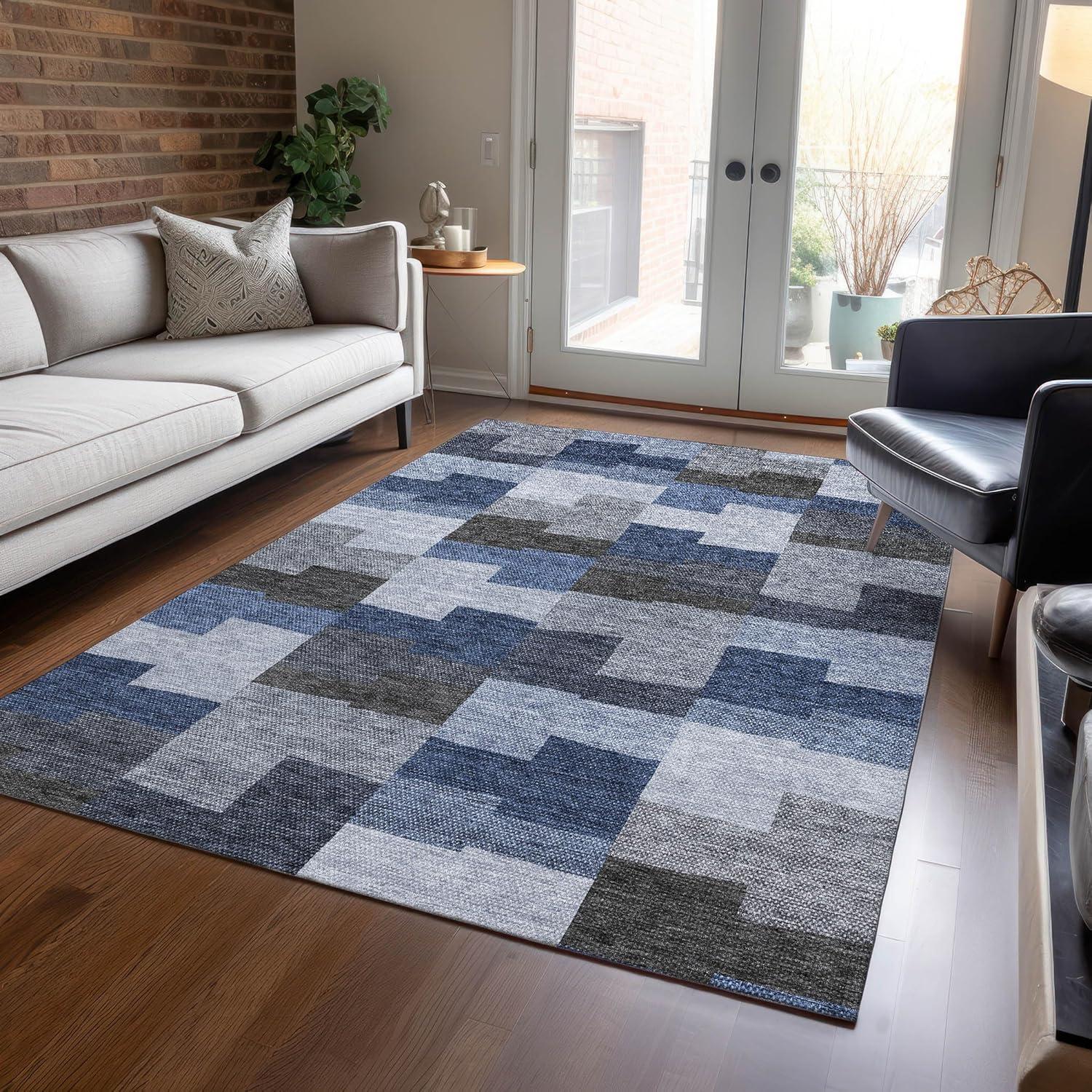 Blue and Gray Geometric 9' x 12' Indoor Outdoor Area Rug