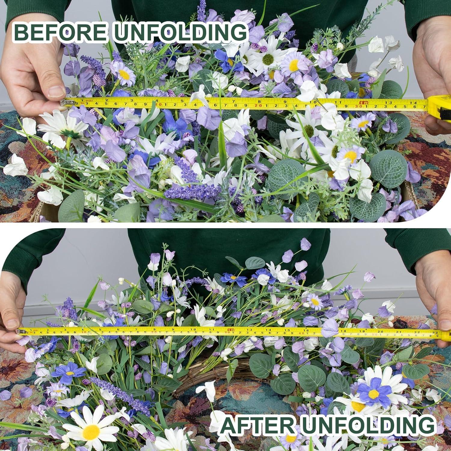 22 Inches Spring Wreaths for Front Door Blue Spring Door Wreath Summer Floral Wreath with Wildflower Lanvender for Wall Porch Indoors Outdoor Window Home Decorations