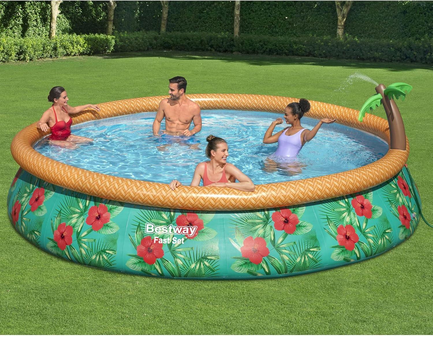 Bestway Fast Set Paradise Palms 15' x 33" Round Inflatable Outdoor Swimming Pool Set with Built-In Palm Tree Sprinkler and Filter Pump