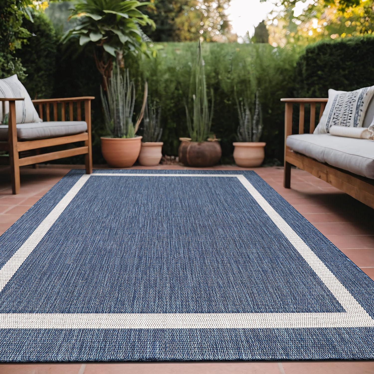 Unique Loom 6' 1 x 9' 0 Rectangle Indoor/Outdoor Border Blue Area Rug